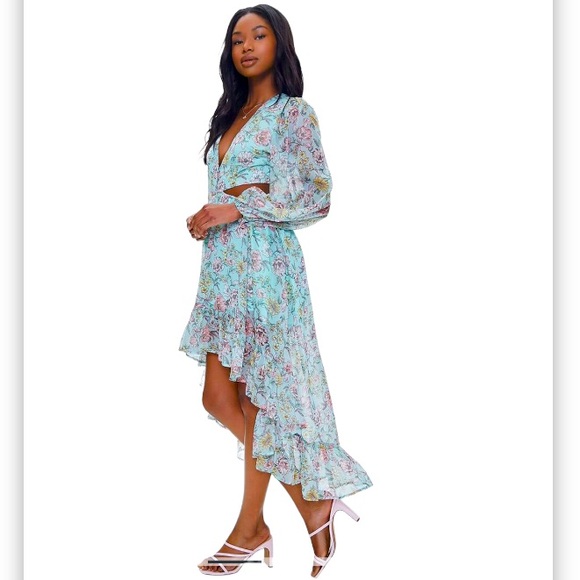 COPY - Floral Print High-Low Cut-Out Waist Light Blue Dress Size Small New With… - Picture 2 of 5